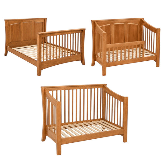 Modugreen Baby Sylvan Conversion Kit for Panel Crib in natural wood finish, shown as a full bed, toddler bed, and day bed.