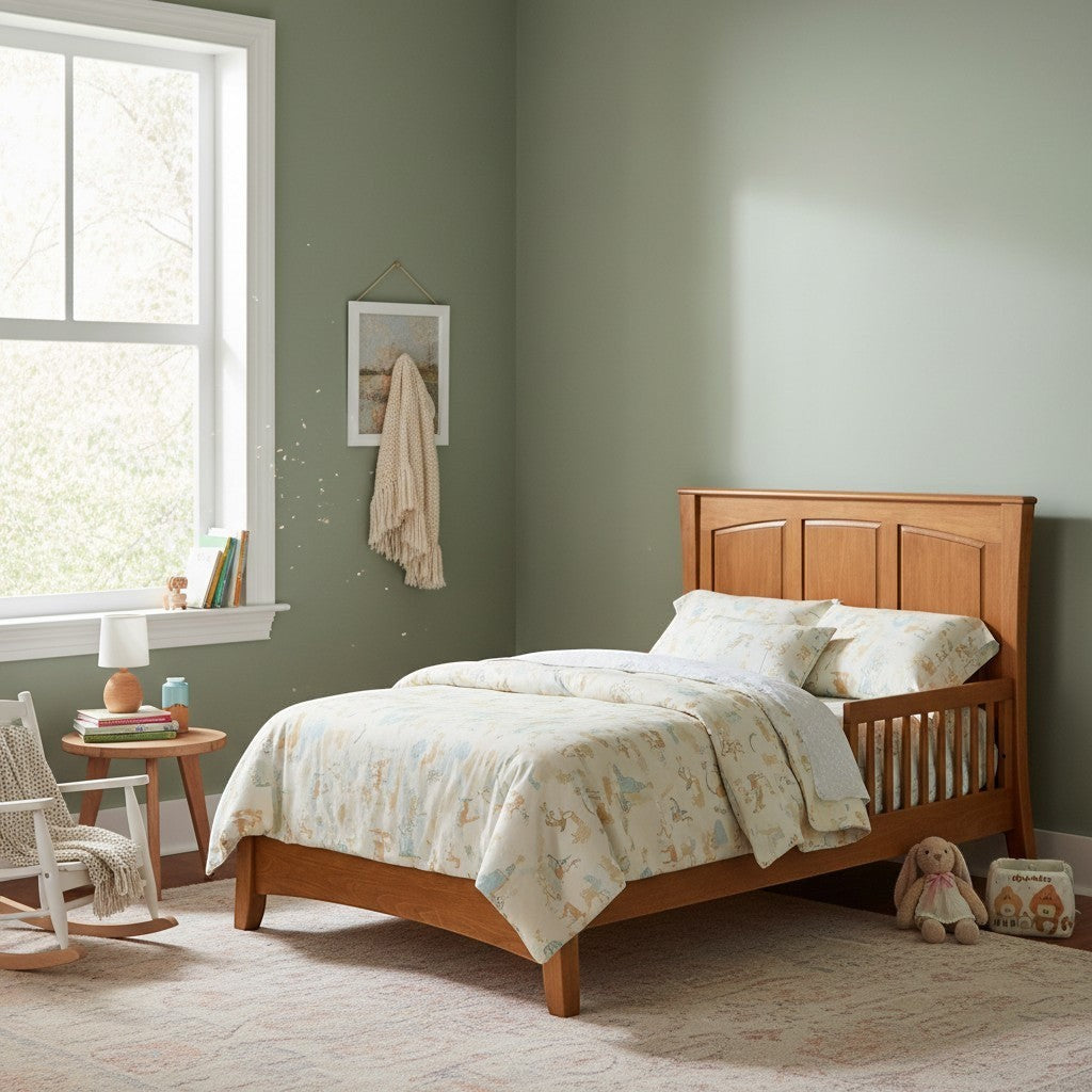 Modugreen Baby Sylvan Conversion Kit for Panel Crib in natural wood, showing full bed, toddler bed, and day bed configurations.