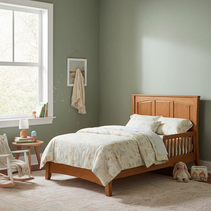 Modugreen Baby Sylvan Conversion Kit for Panel Crib in natural wood, showing full bed, toddler bed, and day bed configurations.