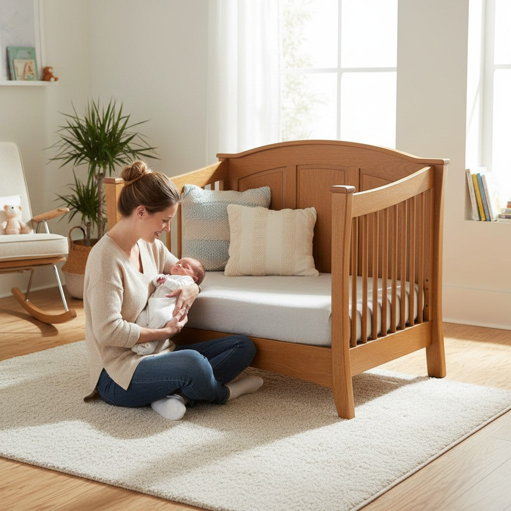 Modugreen Baby Sylvan conversion kit used to transform a solid hardwood crib into a day bed in a bright nursery.