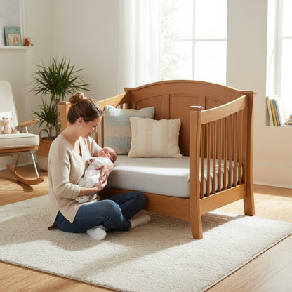 Modugreen Baby Sylvan conversion kit used to transform a solid hardwood crib into a day bed in a bright nursery.