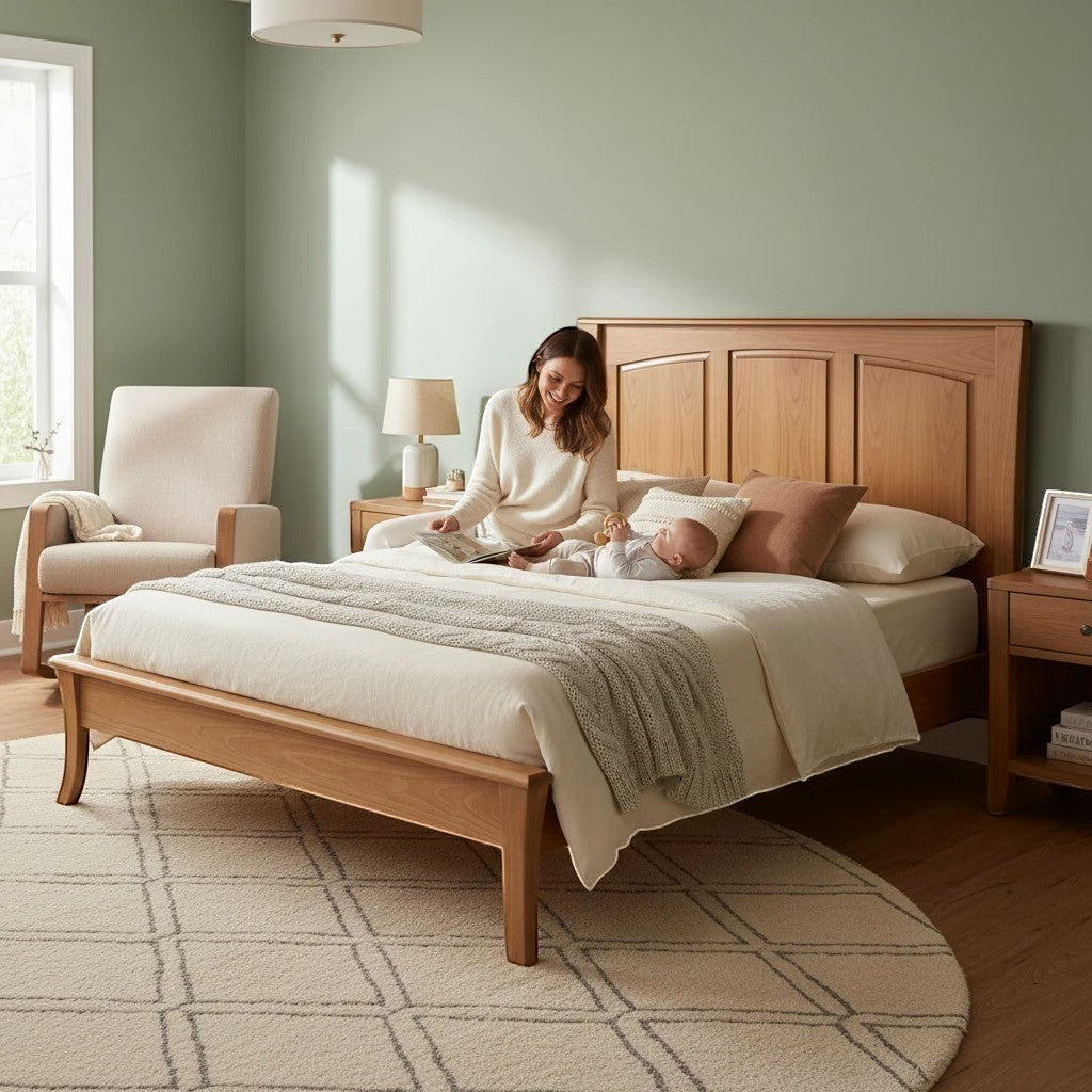 Modugreen Baby Sylvan full size panel bed in solid hardwood with a low-profile footboard in a cozy bedroom setting.