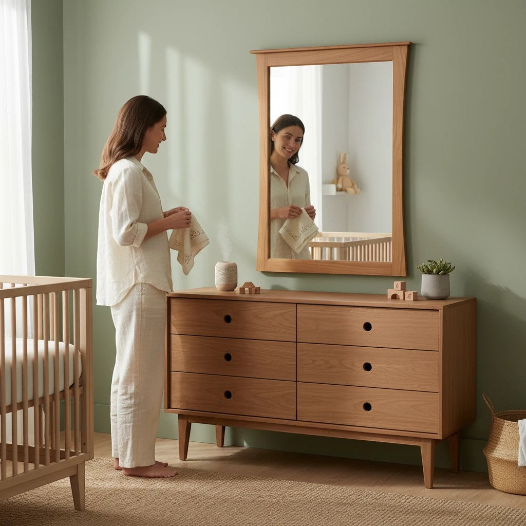 Modugreen Baby Sylvan Mirror with solid hardwood frame and bowed edges, mounted above a wooden dresser in a nursery.