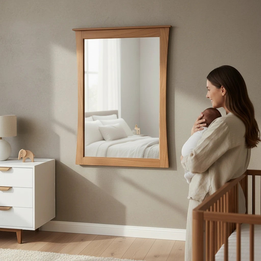 Modugreen Baby Sylvan Mirror with solid hardwood frame in a nursery, featuring a mother holding her baby nearby.
