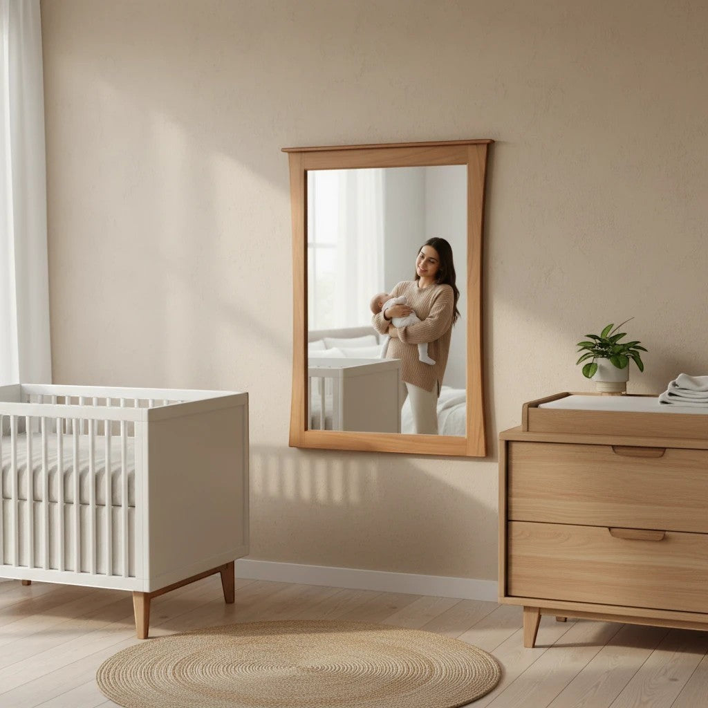 Modugreen Baby Sylvan Mirror with solid hardwood frame and bowed edges, mounted in a nursery above a wooden dresser.