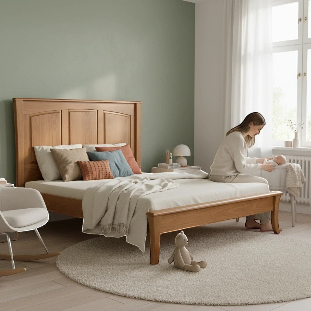 Modugreen Baby Sylvan King panel bed in solid wood with a low-profile footboard in a cozy, sunlit master bedroom.