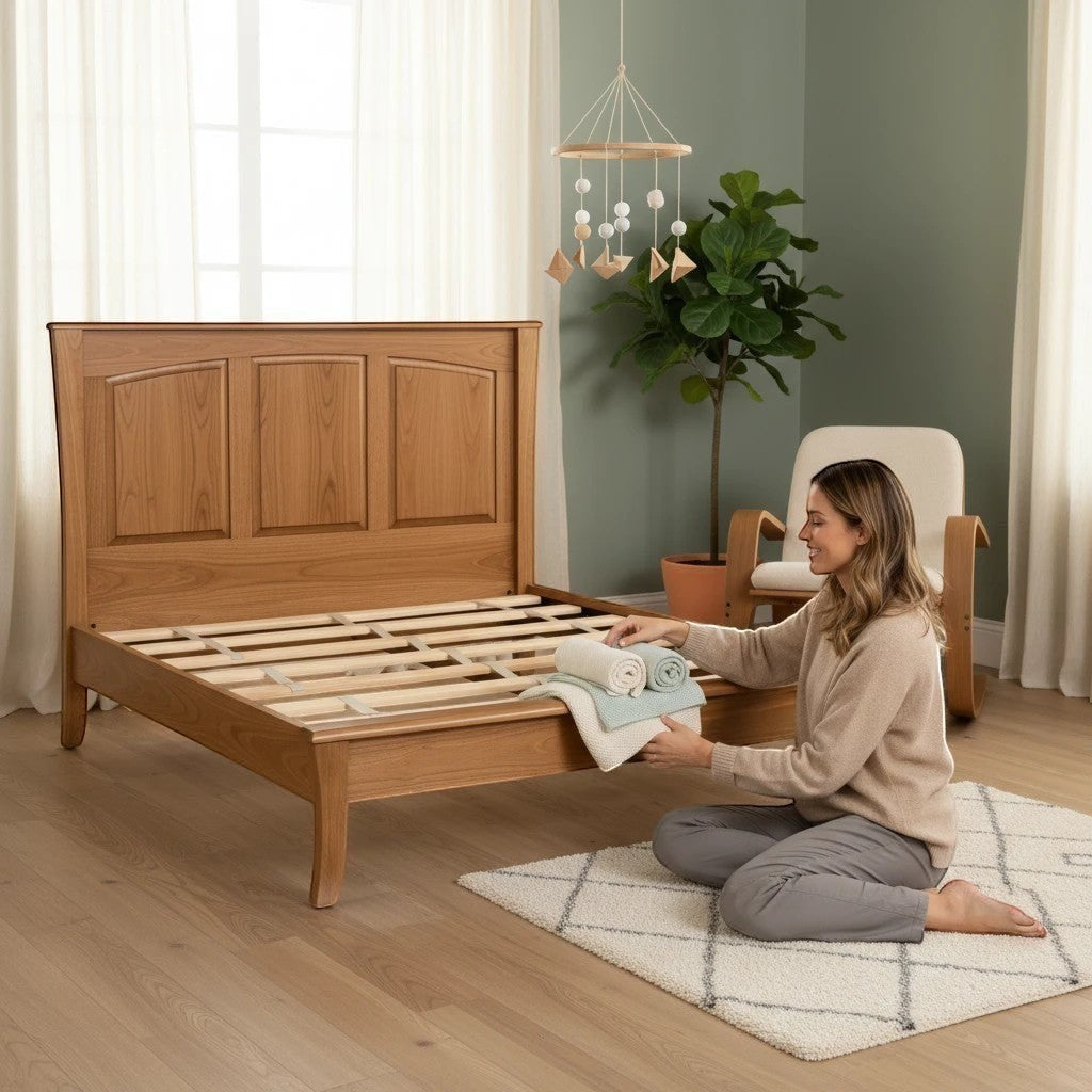 Modugreen Baby Sylvan Queen panel bed in solid hardwood with a low-profile footboard and woman folding linens nearby.